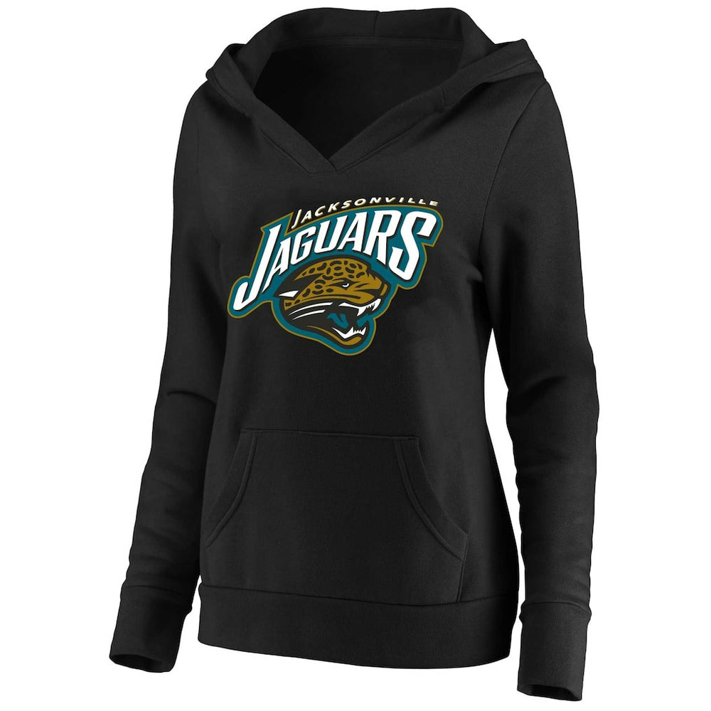 Jacksonville Jaguars Women's Classic Logo V-Neck Pullover Hoodie Black | Mitchell & Ness