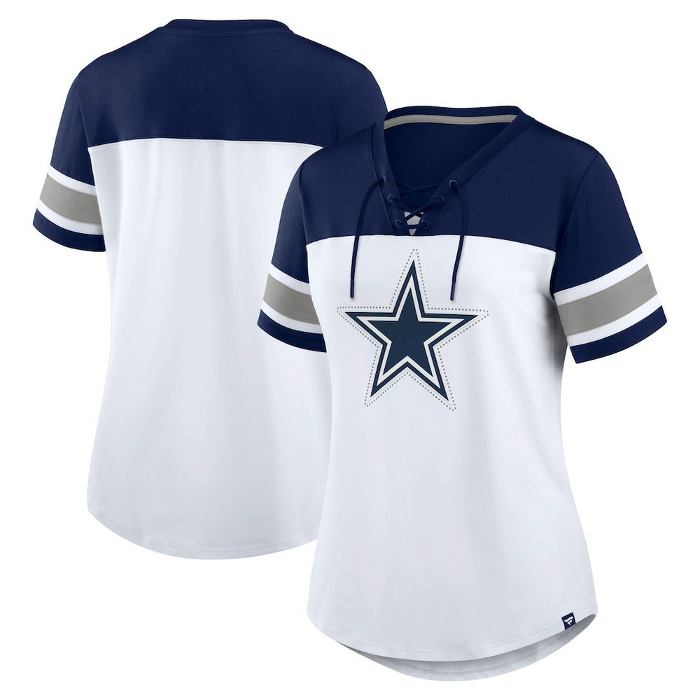 Dallas Cowboys Women's Athena Rhinestone Lace-Up V-Neck T-Shirt White/Navy | Fanatics