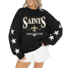 New Orleans Saints Gameday Couture Women's Rhinestone Star Sleeve Settle the Score Oversized Tri-Blend Pullover Black | NFL