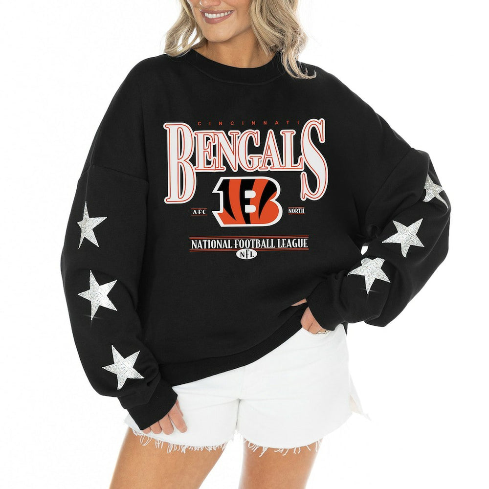 Cincinnati Bengals Gameday Couture Women's Rhinestone Star Sleeve Settle the Score Oversized Tri-Blend Pullover Black | NFL