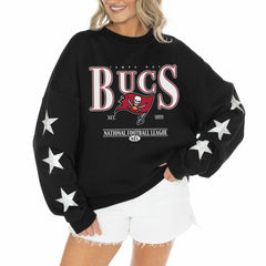 Tampa Bay Buccaneers Gameday Couture Women's Rhinestone Star Sleeve Settle the Score Oversized Tri-Blend Pullover Black | NFL