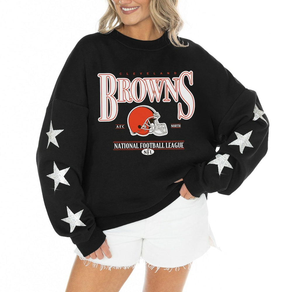 Cleveland Browns Gameday Couture Women's Rhinestone Star Sleeve Settle the Score Oversized Tri-Blend Pullover Black | NFL