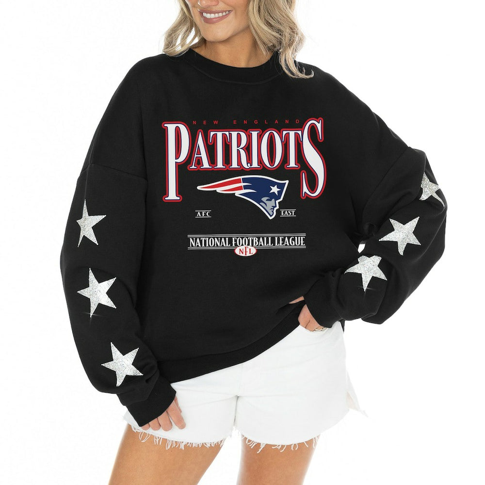 New England Patriots Gameday Couture Women's Rhinestone Star Sleeve Settle the Score Oversized Tri-Blend Pullover Black | NFL