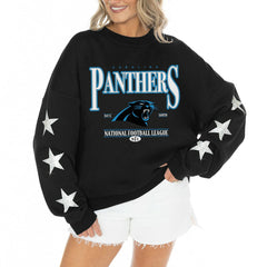 Carolina Panthers Gameday Couture Women's Rhinestone Star Sleeve Settle the Score Oversized Tri-Blend Pullover Black | NFL