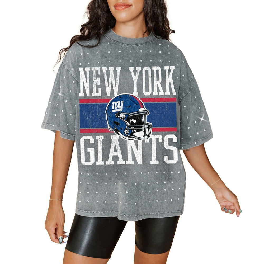 New York Giants Gameday Couture Women's Oversized Mini Rhinestone Classic T-Shirt Gray | NFL