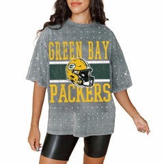 Green Bay Packers Gameday Couture Women's Oversized Mini Rhinestone Classic T-Shirt Gray | NFL