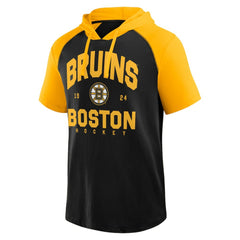 Boston Bruins Logo Athletic Prime Raglan Short Sleeve Pullover Hoodie - Black - NHL