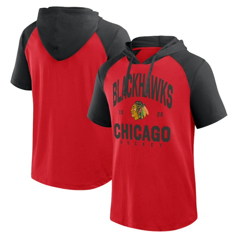 Chicago Blackhawks Logo Athletic Prime Raglan Short Sleeve Pullover Hoodie - Red - NHL
