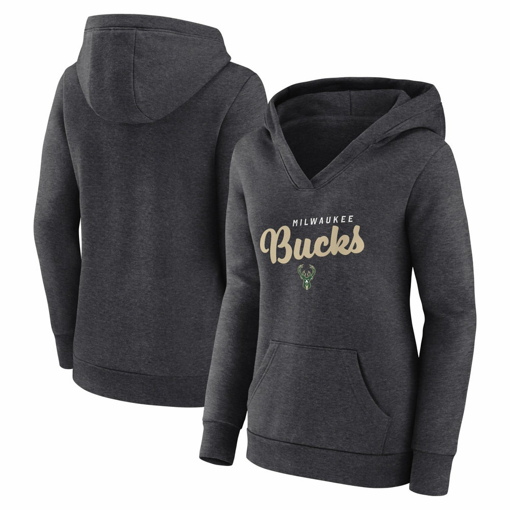 Milwaukee Bucks Logo Athletic Women's Triumphant V-Neck Pullover Hoodie Heather Charcoal - NBA