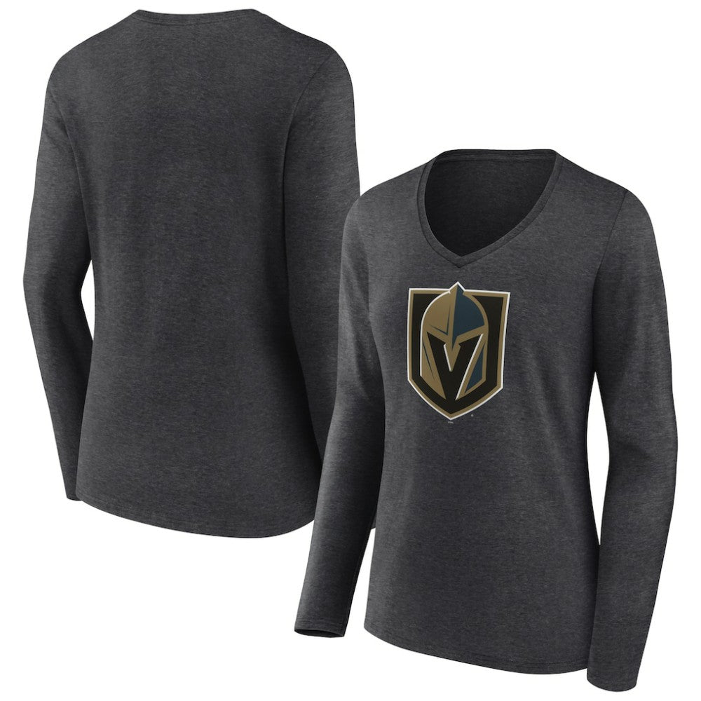 Vegas Golden Knights Women's Primary Logo Long Sleeve V-Neck T-Shirt - Charcoal - NHL