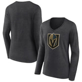 Vegas Golden Knights Women's Primary Logo Long Sleeve V-Neck T-Shirt - Charcoal - NHL
