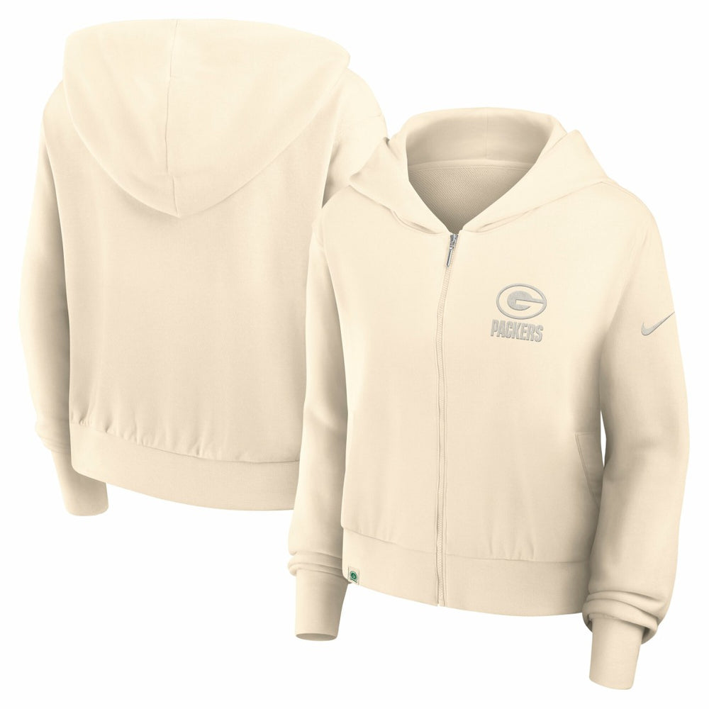 Green Bay Packers Women's Glory Cropped Full-Zip Hoodie Cream | Nike for Sale
