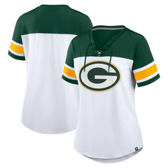 Green Bay Packers Women's Athena Rhinestone Lace-Up V-Neck T-Shirt White/Green | Fanatics