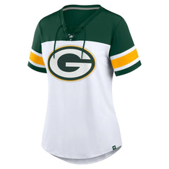 Green Bay Packers Women's Athena Rhinestone Lace-Up V-Neck T-Shirt White/Green | Fanatics