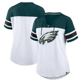 Philadelphia Eagles Women's Athena Rhinestone Lace-Up V-Neck T-Shirt White/Midnight Green | Fanatics