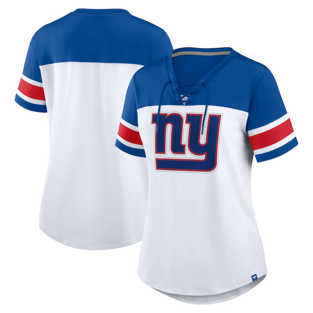 New York Giants Women's Athena Rhinestone Lace-Up V-Neck T-Shirt White/Royal | Fanatics