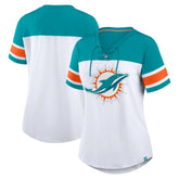 Miami Dolphins Women's Athena Rhinestone Lace-Up V-Neck T-Shirt White/Aqua | Fanatics