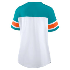 Miami Dolphins Women's Athena Rhinestone Lace-Up V-Neck T-Shirt White/Aqua | Fanatics