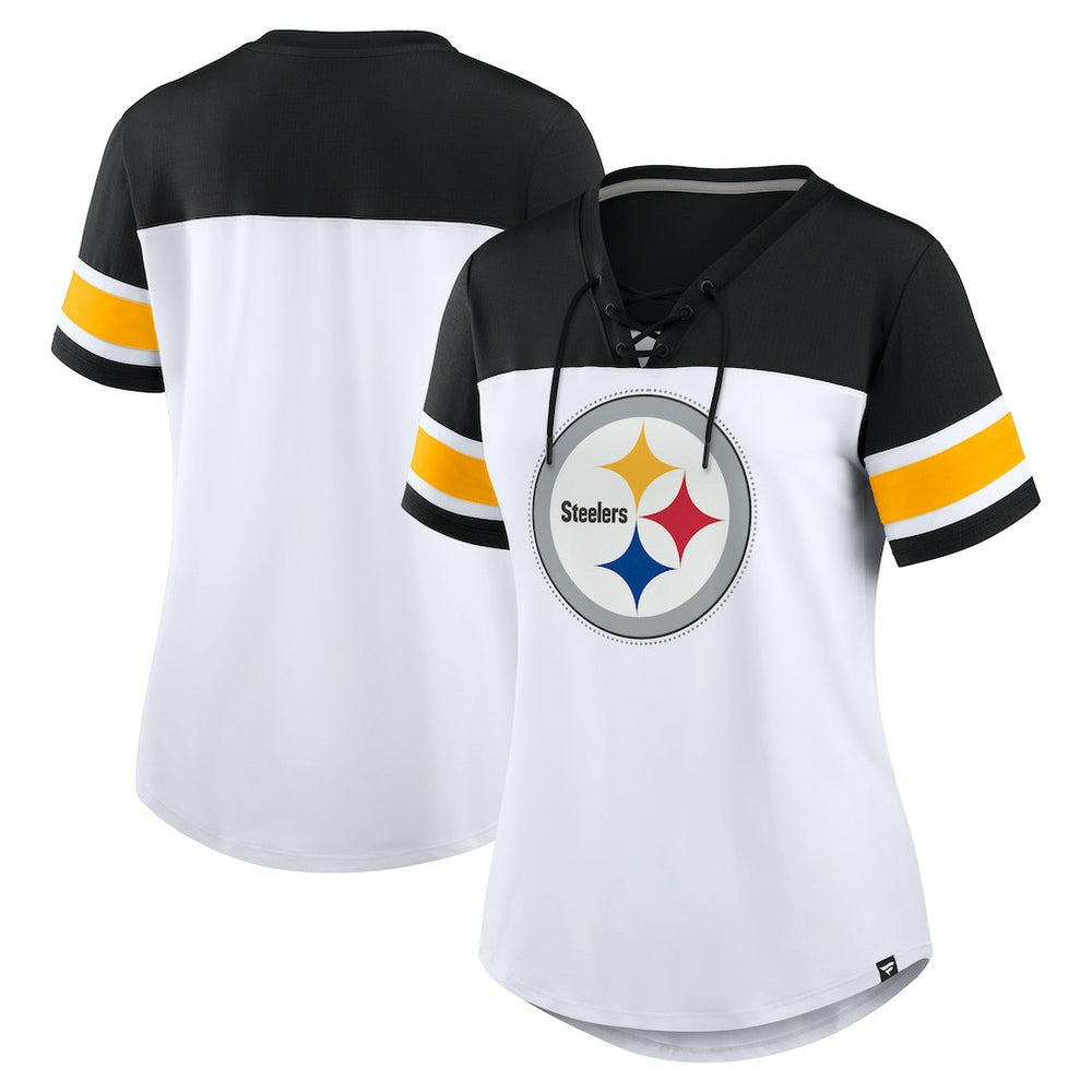 Pittsburgh Steelers Women's Athena Rhinestone Lace-Up V-Neck T-Shirt White/Black | Fanatics