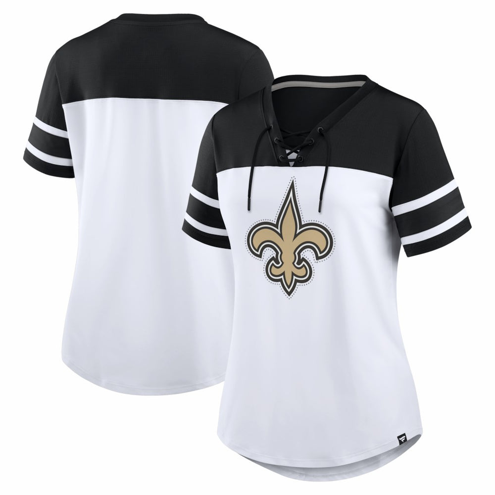 New Orleans Saints Women's Athena Rhinestone Lace-Up V-Neck T-Shirt White/Black | Fanatics