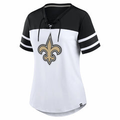 New Orleans Saints Women's Athena Rhinestone Lace-Up V-Neck T-Shirt White/Black | Fanatics