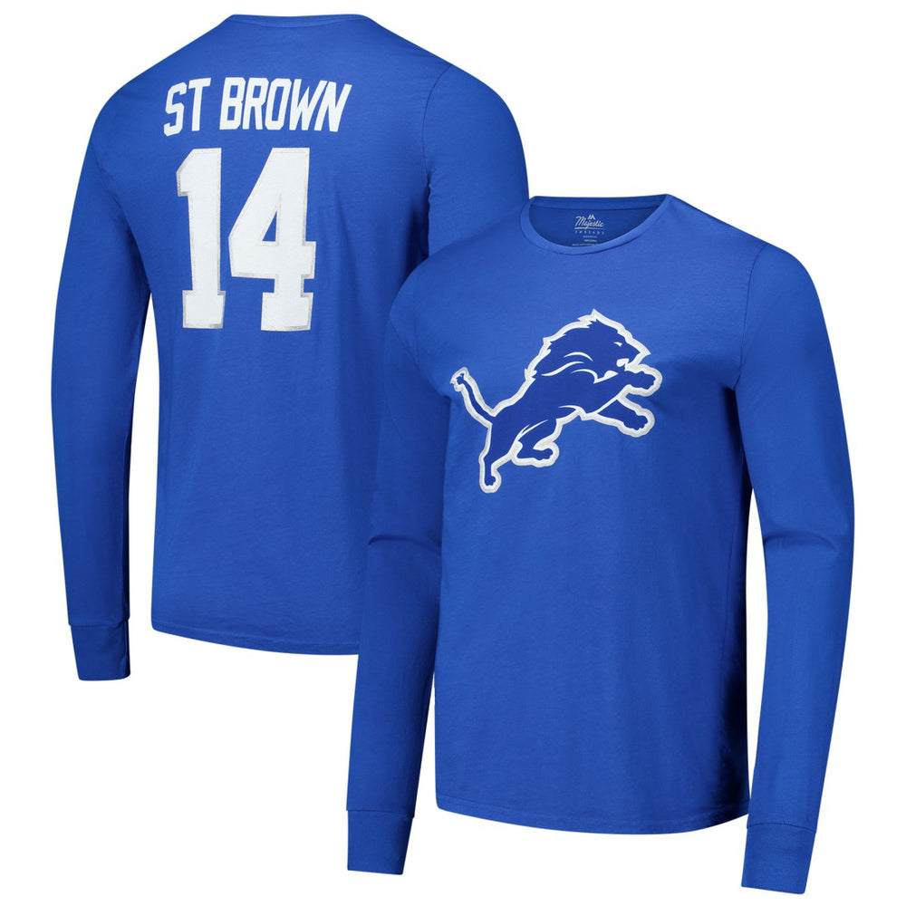 Amon-Ra St. Brown Detroit Lions Majestic Threads Name & Number Long Sleeve T-Shirt Blue | NFL