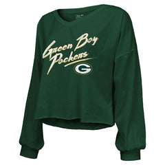 Jordan Love Green Bay Packers Majestic Threads Women's Name & Number Off-Shoulder Script Cropped Long Sleeve Relaxed V-Neck T-Shirt Green | NFL