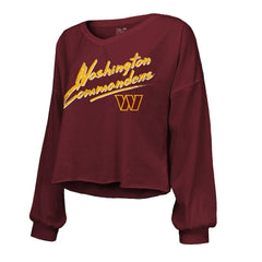 Jayden Daniels Washington Commanders Majestic Threads Women's Name & Number Off-Shoulder Script Cropped Long Sleeve Relaxed V-Neck T-Shirt Burgundy | NFL