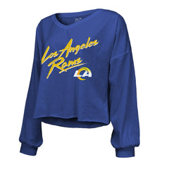 Puka Nacua Los Angeles Rams Majestic Threads Women's Off-Shoulder Script Player Name & Number Cropped Long Sleeve V-Neck T-Shirt Royal | NFL