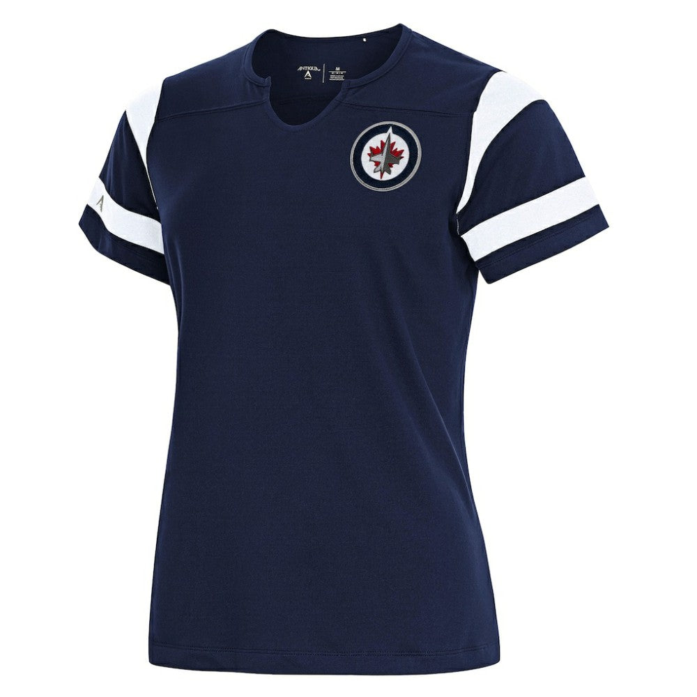 Winnipeg Jets Antigua Women's Encounter Short Sleeve Notch Neck Top - Navy - NHL
