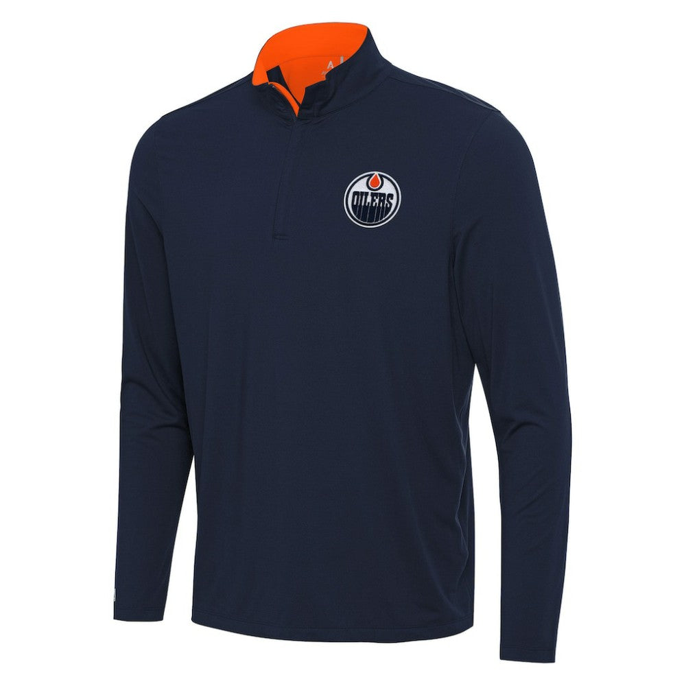 Edmonton Oilers Antigua Content Quarter-Zip Pullover Top - Navy/Orange - NHL