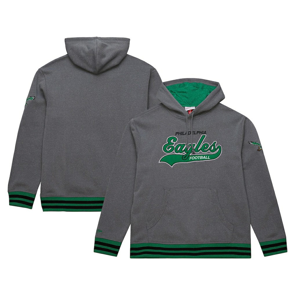 Philadelphia Eagles Vintage Logo Snow Washed Fleece Pullover Hoodie Heather Gray | Mitchell & Ness