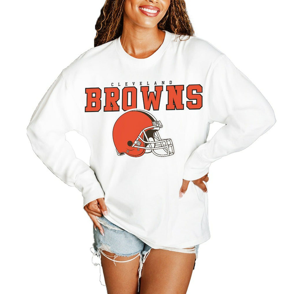 Cleveland Browns Gameday Couture Women's Big Goals Oversized Long Sleeve T-Shirt White | NFL