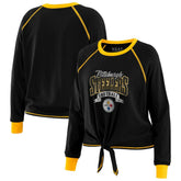 Pittsburgh Steelers WEAR by Erin Andrews Women's Plus Size Tie-Front Long Sleeve Top Black/Gold | NFL
