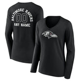Baltimore Ravens Women's Personalized Name & Number Monochrome Long Sleeve V-Neck T-Shirt Black | NFL