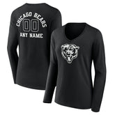 Chicago Bears Women's Personalized Name & Number Monochrome Long Sleeve V-Neck T-Shirt Black | NFL