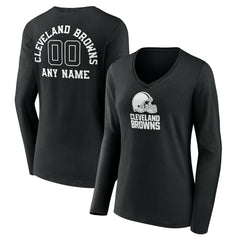 Cleveland Browns Women's Personalized Name & Number Monochrome Long Sleeve V-Neck T-Shirt Black | NFL
