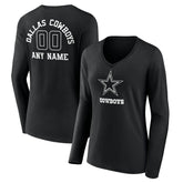 Dallas Cowboys Women's Personalized Name & Number Monochrome Long Sleeve V-Neck T-Shirt Black | NFL