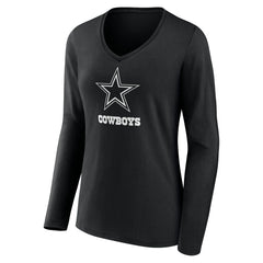 Dallas Cowboys Women's Personalized Name & Number Monochrome Long Sleeve V-Neck T-Shirt Black | NFL