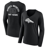 Denver Broncos Women's Personalized Name & Number Monochrome Long Sleeve V-Neck T-Shirt Black | NFL