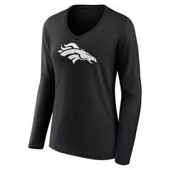 Denver Broncos Women's Personalized Name & Number Monochrome Long Sleeve V-Neck T-Shirt Black | NFL