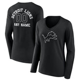 Detroit Lions Women's Personalized Name & Number Monochrome Long Sleeve V-Neck T-Shirt Black | NFL