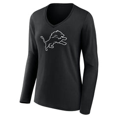 Detroit Lions Women's Personalized Name & Number Monochrome Long Sleeve V-Neck T-Shirt Black | NFL