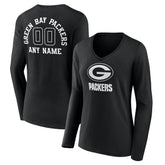 Green Bay Packers Women's Personalized Name & Number Monochrome Long Sleeve V-Neck T-Shirt Black | NFL