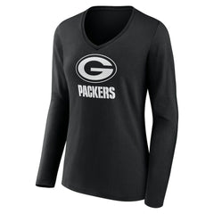Green Bay Packers Women's Personalized Name & Number Monochrome Long Sleeve V-Neck T-Shirt Black | NFL