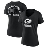 Green Bay Packers Women's Personalized Name & Number Monochrome V-Neck T-Shirt Black | NFL