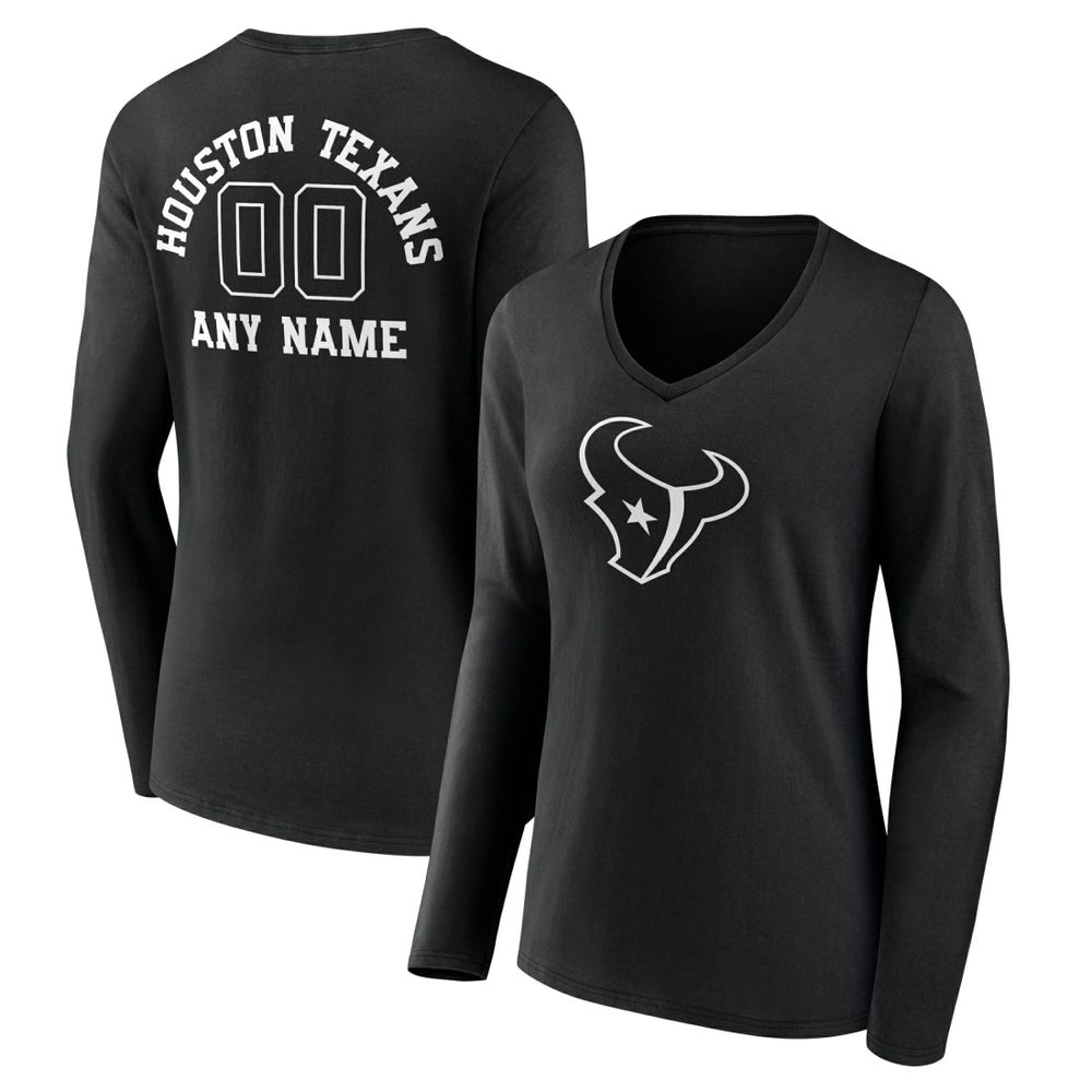 Houston Texans Women's Personalized Name & Number Monochrome Long Sleeve V-Neck T-Shirt Black | NFL