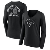 Houston Texans Women's Personalized Name & Number Monochrome Long Sleeve V-Neck T-Shirt Black | NFL