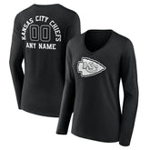 Kansas City Chiefs Women's Personalized Name & Number Monochrome Long Sleeve V-Neck T-Shirt Black | NFL