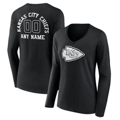 Kansas City Chiefs Women's Personalized Name & Number Monochrome Long Sleeve V-Neck T-Shirt Black | NFL